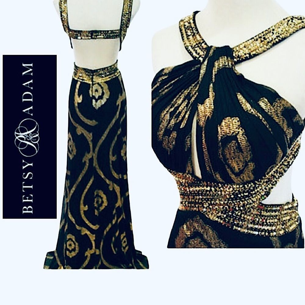 BETSEY & ADAM Open Back Cut Out Dress Blue Gold Size 2